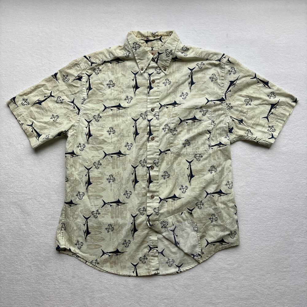 Royal Palm Marlin Anchor Nautical Map Shirt Mens Cream Short‎ Sleeve Button Up